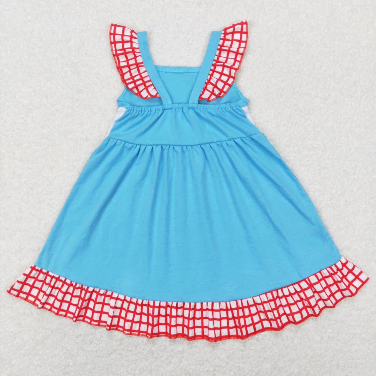 GSD0594 I love mom embroidered letters red and white plaid lace blue flying sleeve dress