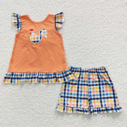 GSSO0313 Embroidered Rooster Orange Plaid Shorts Set with Flying Sleeves