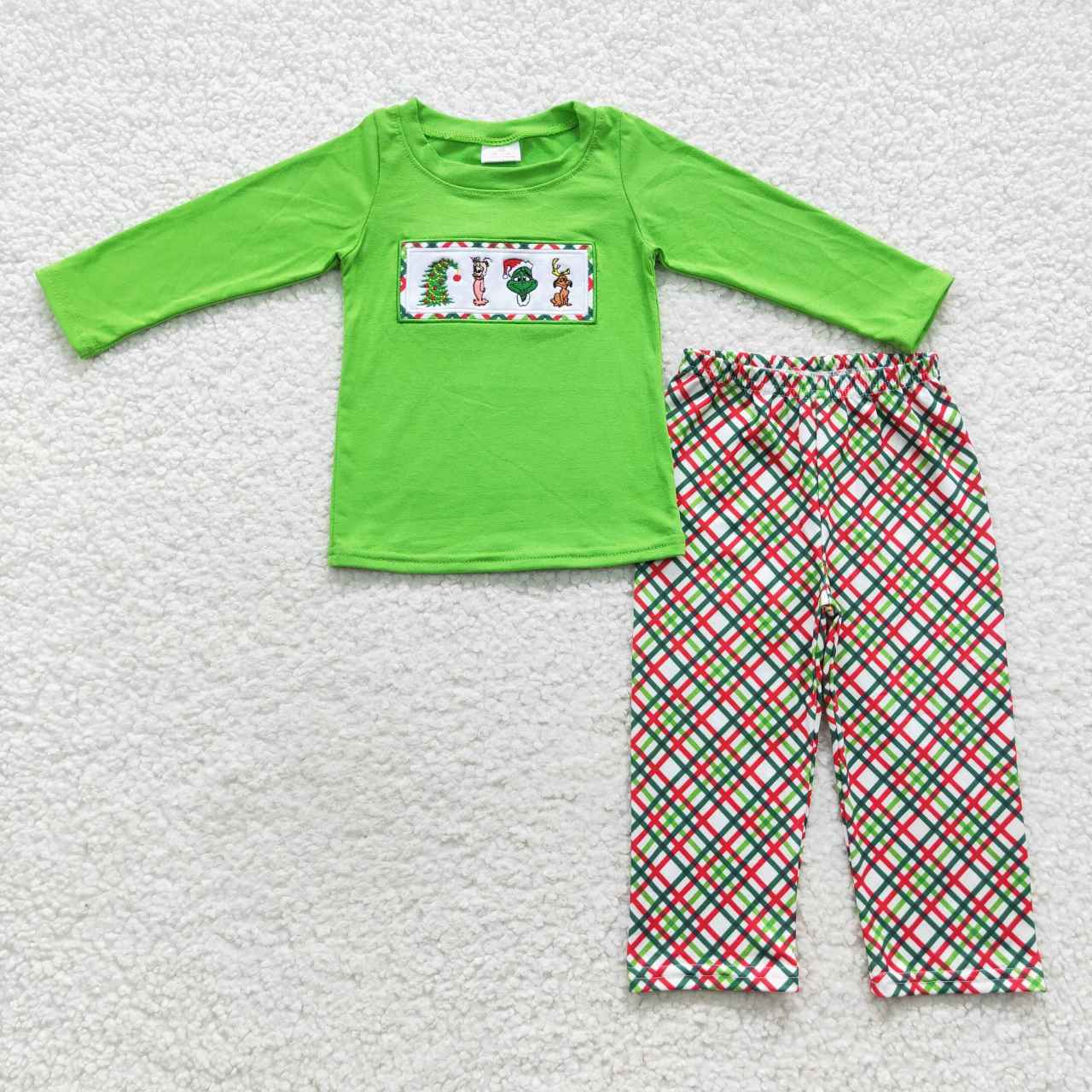 BLP0176 Boys Embroidered Christmas Cartoon Grinch Dog Green Long Sleeve Trousers Suit