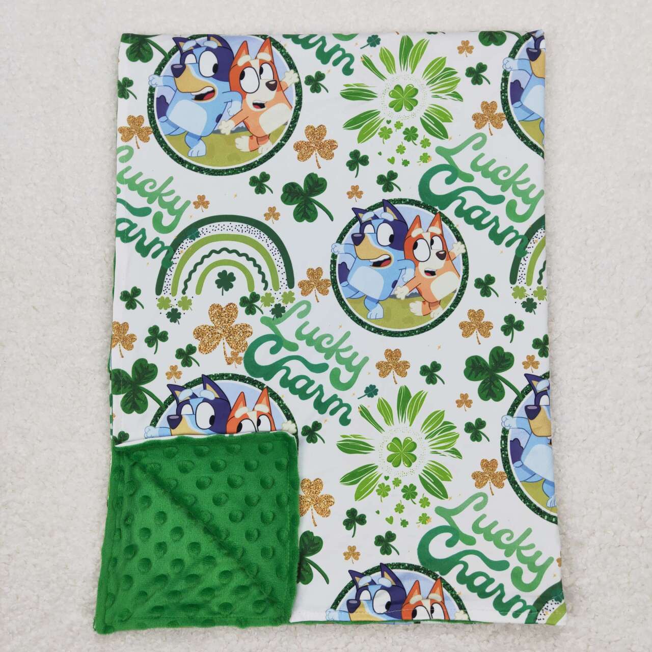 BL0105 lucky charm cartoon bluey four leaf clover green baby blanket