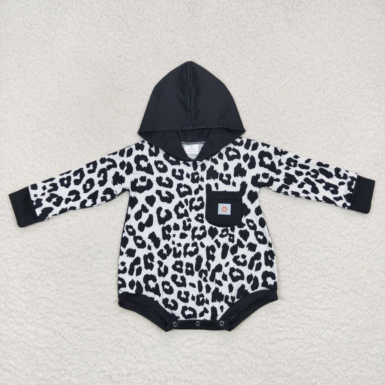 LR0595 Smiley Pocket Leopard Print Hooded Long Sleeve Jumpsuit