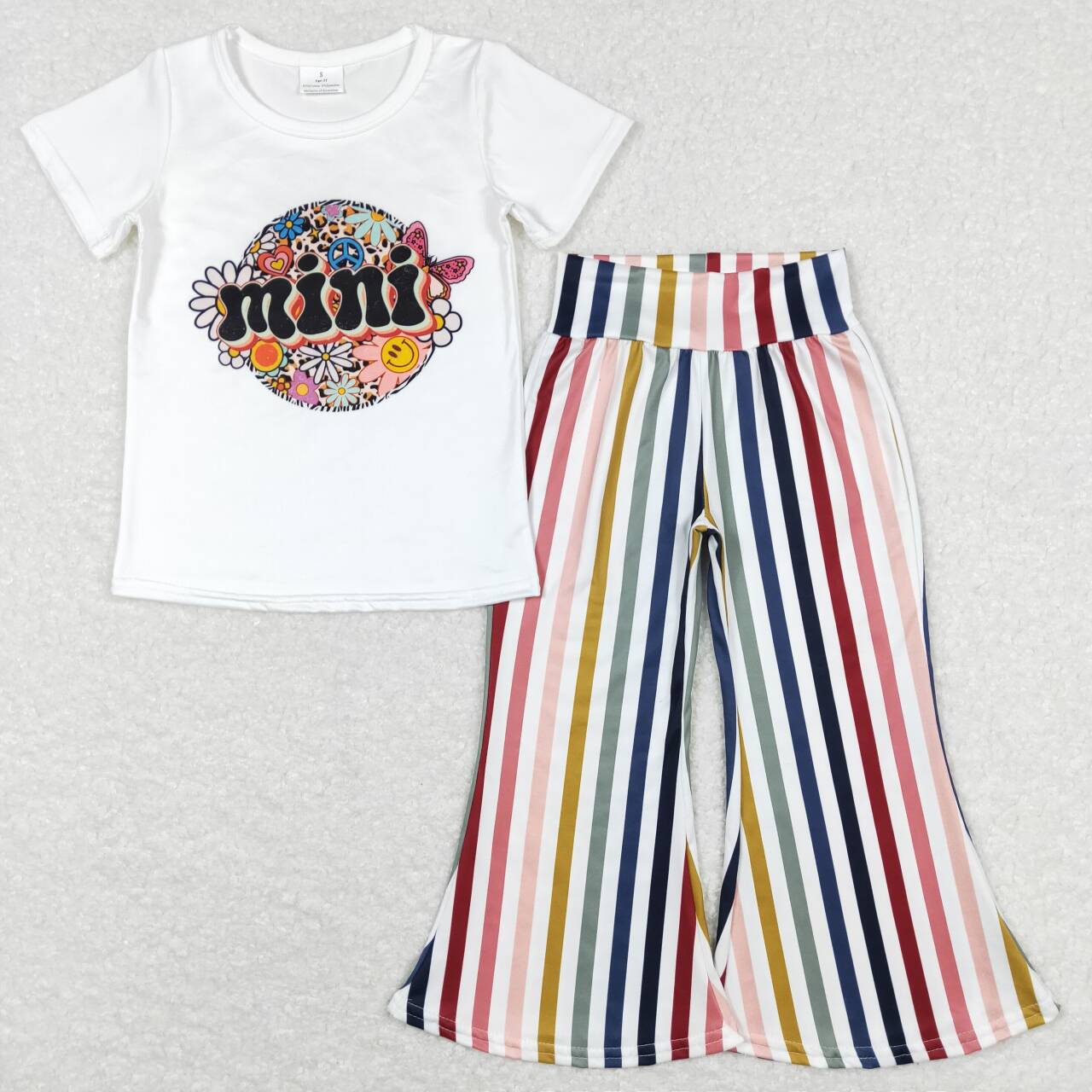 GSPO1114 mini smiling face flower white short-sleeved colorful striped trousers suit