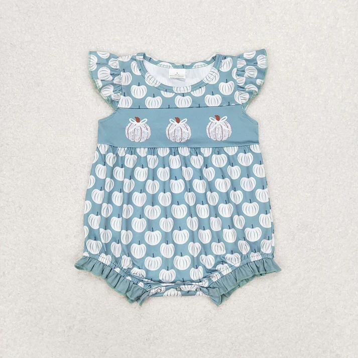 RTS NO MOQ Baby Girls Green Flutter Sleeve Pumpkins Sibling Clothes Sets