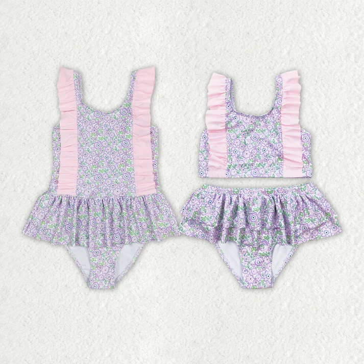 RTS Baby Girls Summer Lavender Flowers Sibling Sister Swimsuits