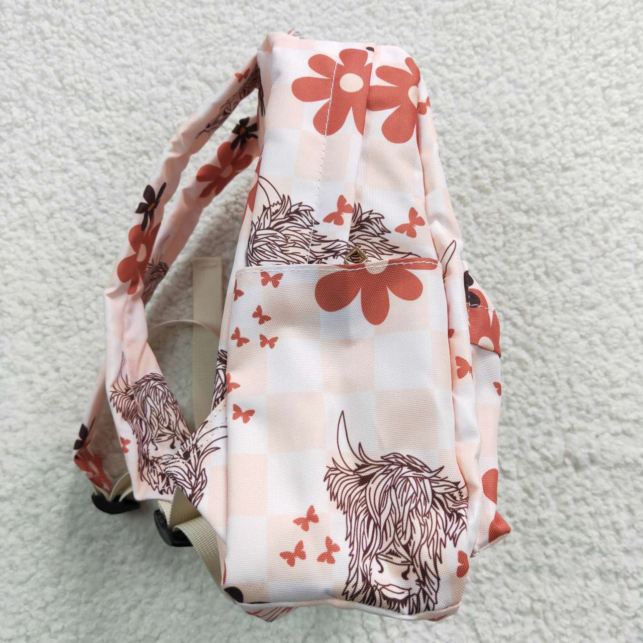 BA0074 Alpine cow head flower pink plaid backpack