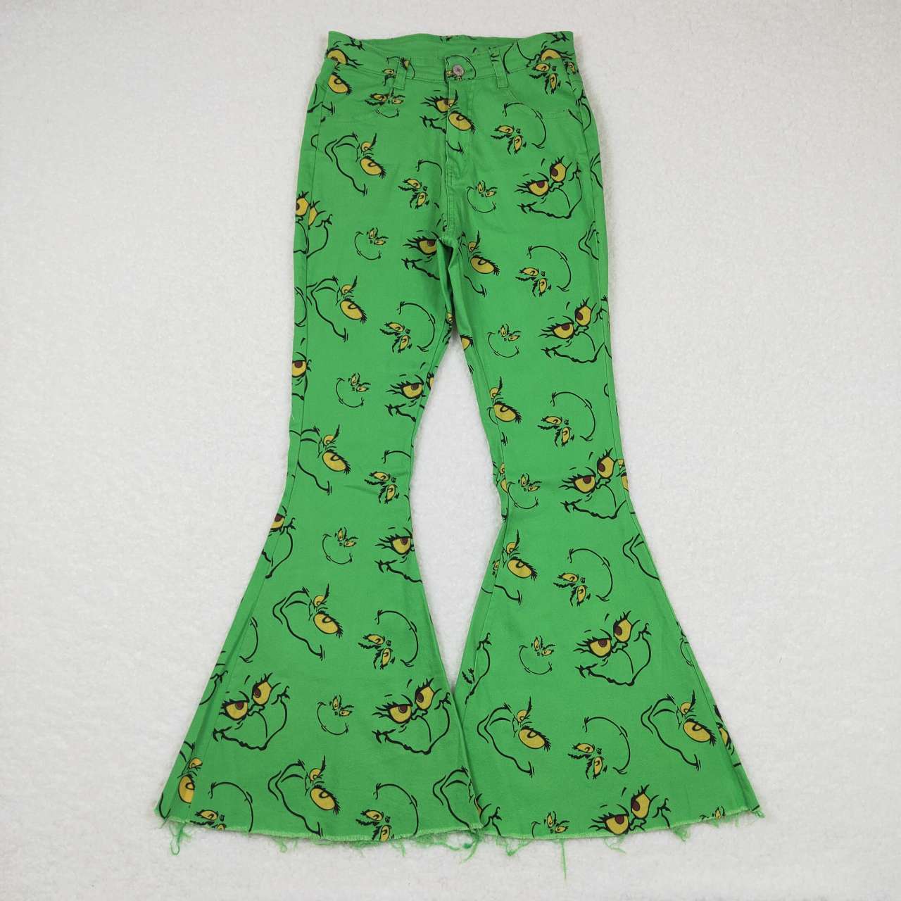 P0323 Adult cartoon grinch smiley green denim trousers