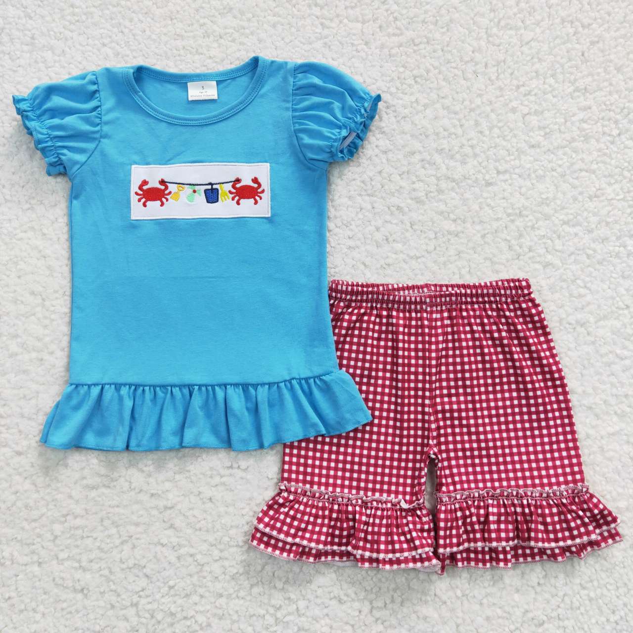 GSSO0274 Girls Embroidered Crab Blue Short Sleeve Red Plaid Shorts Set