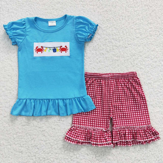 GSSO0274 Girls Embroidered Crab Blue Short Sleeve Red Plaid Shorts Set
