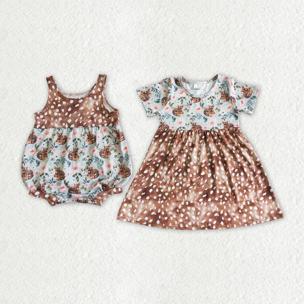 RTS GSD0035、SR0018 Girls Brown Bodysuit with Deer Pattern  Girls Deer Brown Short Sleeve Floral Dress