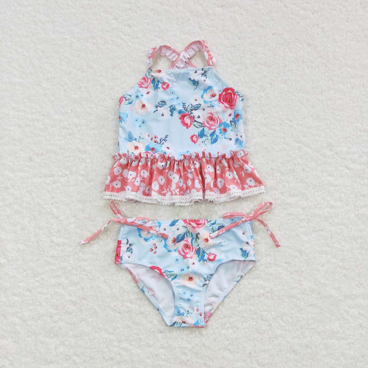 S0159 Floral pink lace light blue swimsuit set