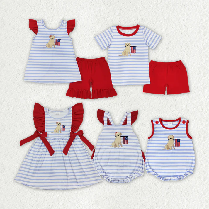RTS NO MOQ  Baby Girls 4th Of July Dog Flag Sibling Rompers Clothing Sets embroidery