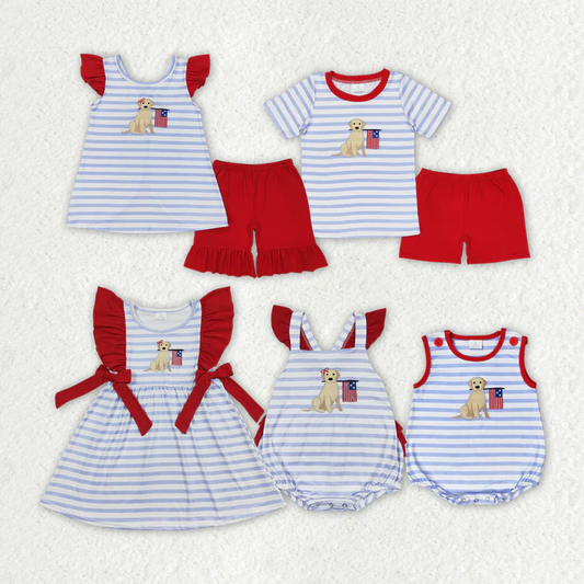 RTS NO MOQ  Baby Girls 4th Of July Dog Flag Sibling Rompers Clothing Sets embroidery