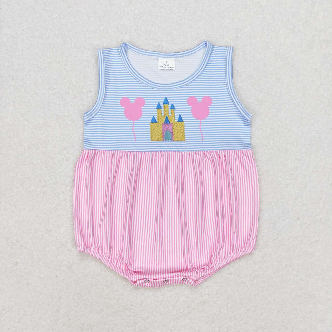 RTS no moq SR1410 Mickey Balloon Castle Pink and Blue Striped Sleeveless Bodysuit