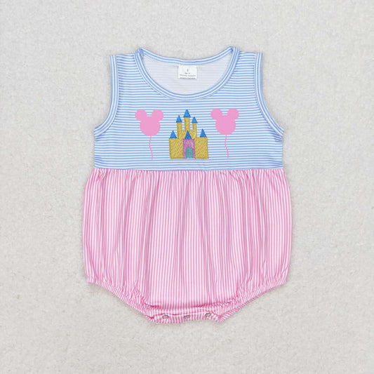 RTS no moq SR1410 Mickey Balloon Castle Pink and Blue Striped Sleeveless Bodysuit