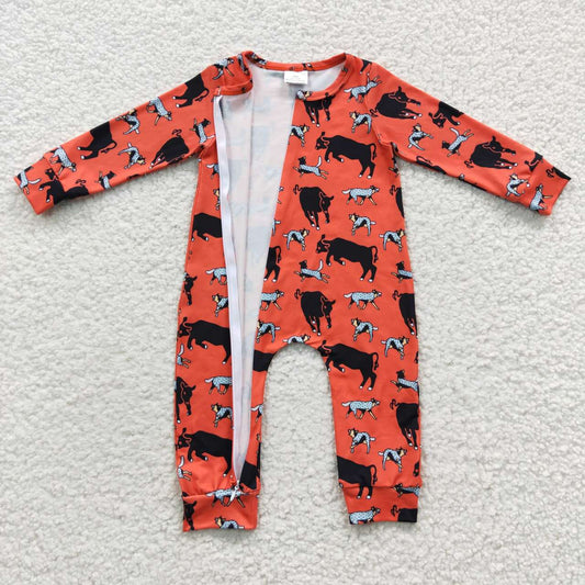 LR0342 Bulldog Zip Up Long Sleeve Bodysuit in Orange and Red