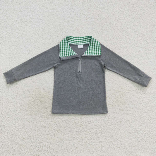 BT0281 Green plaid collar gray zipper long sleeve top