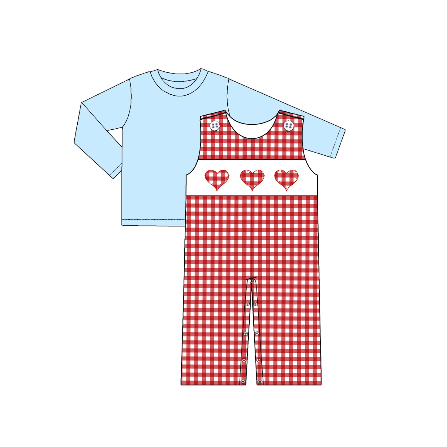 Custom moq 3 eta 7/8week moq 5 eta /4/5week Red plaid heart pattern sky blue long-sleeved top & red plaid sleeveless romper set