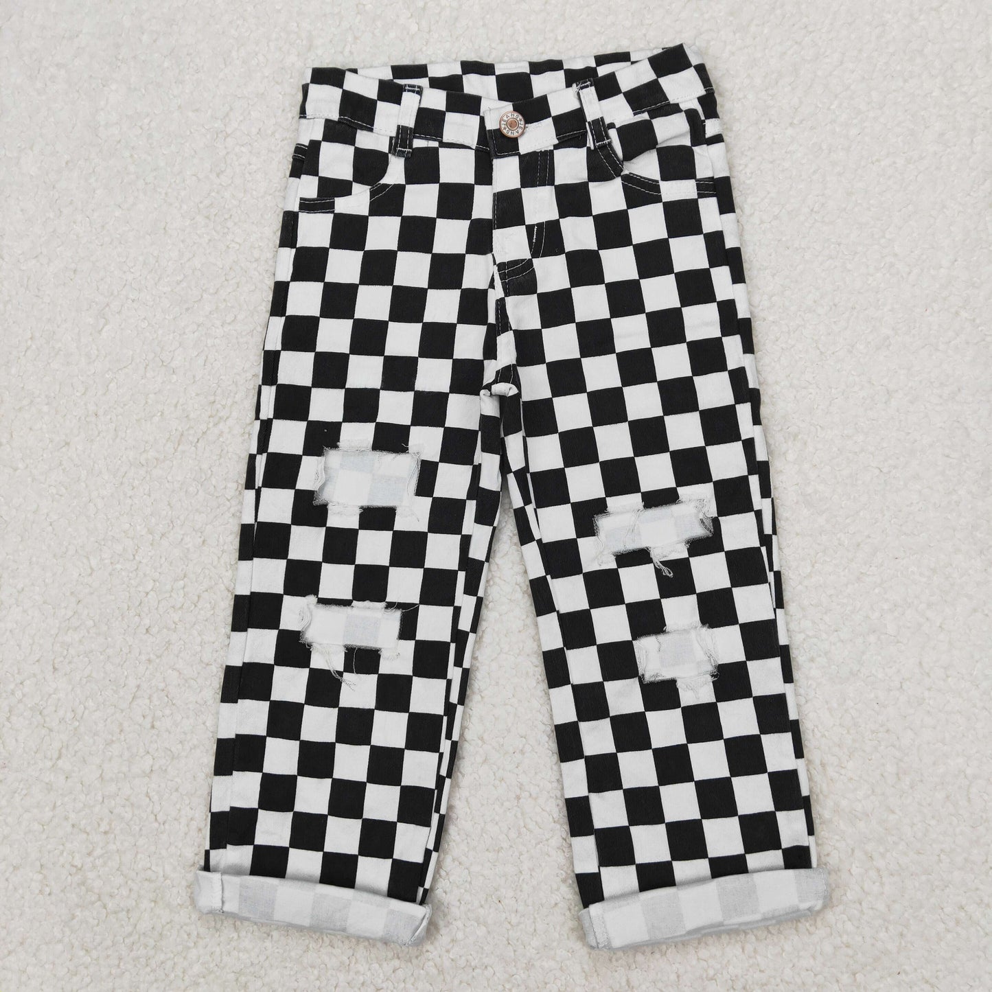 RTS NO MOQ（In Stock) P0122 Black and white plaid ripped denim trousers