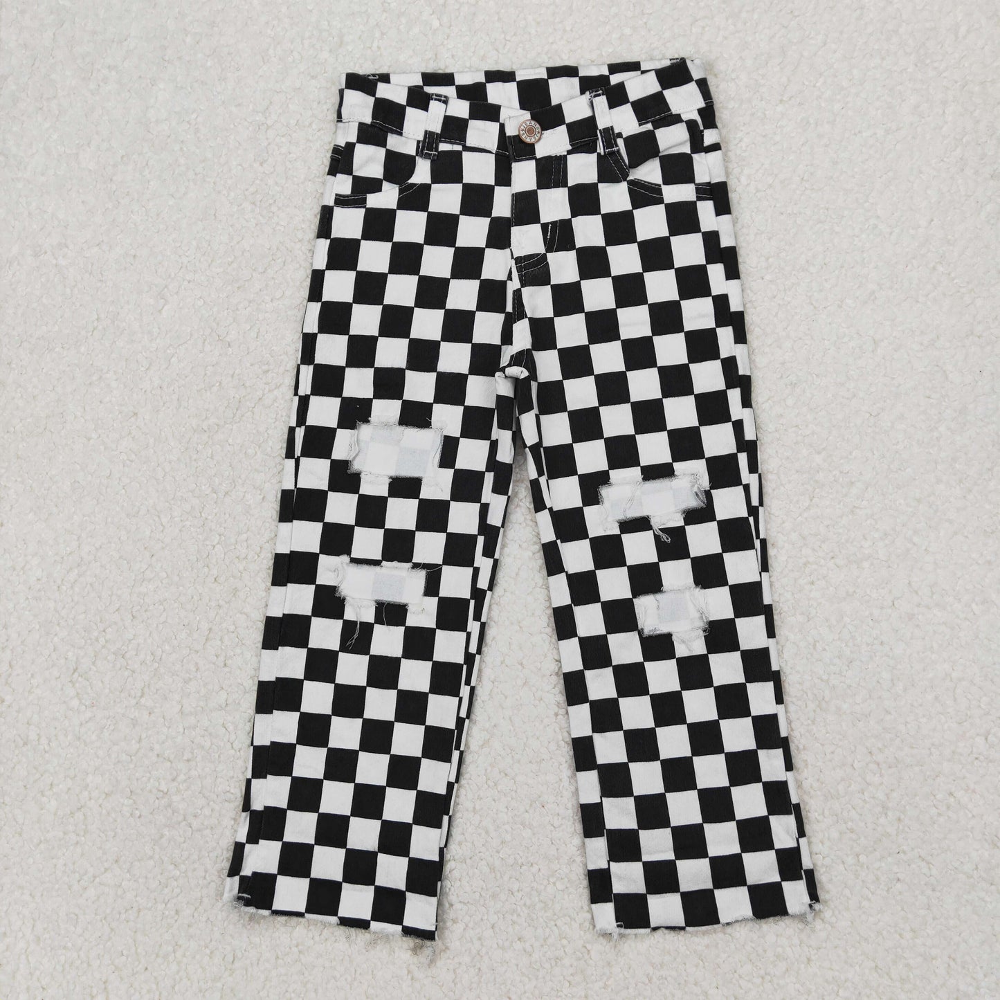 RTS NO MOQ（In Stock) P0122 Black and white plaid ripped denim trousers