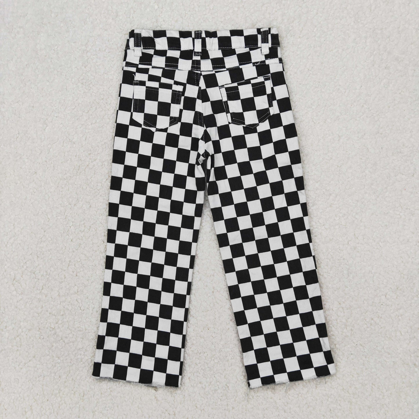 RTS NO MOQ（In Stock) P0122 Black and white plaid ripped denim trousers