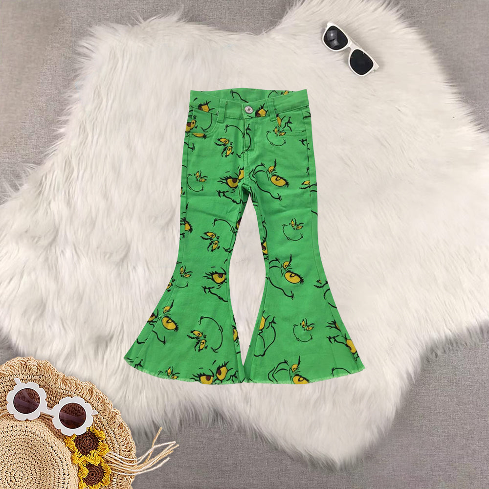 RTS NO MOQ Sibling Baby Girls Clothes and Adult clothes Christmas green Jeans: Flared & Ripped