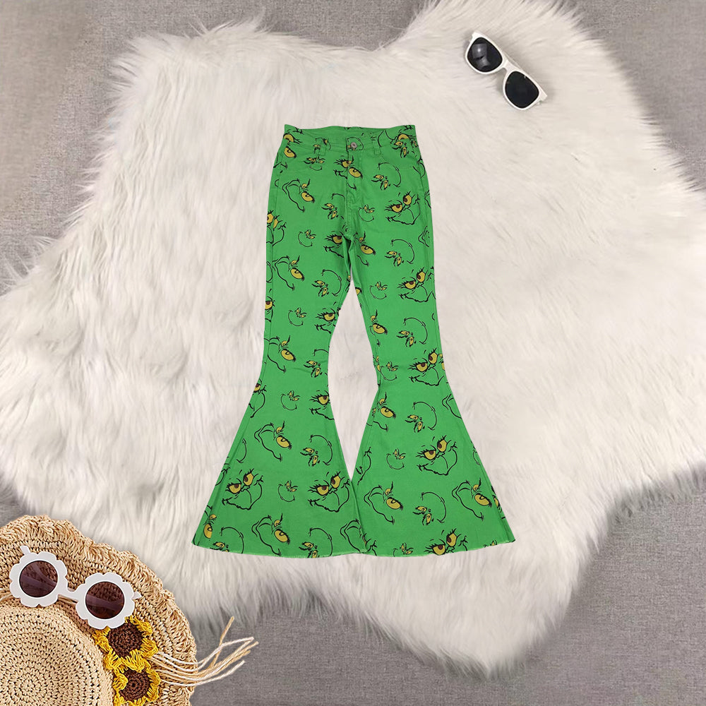 RTS NO MOQ Sibling Baby Girls Clothes and Adult clothes Christmas green Jeans: Flared & Ripped