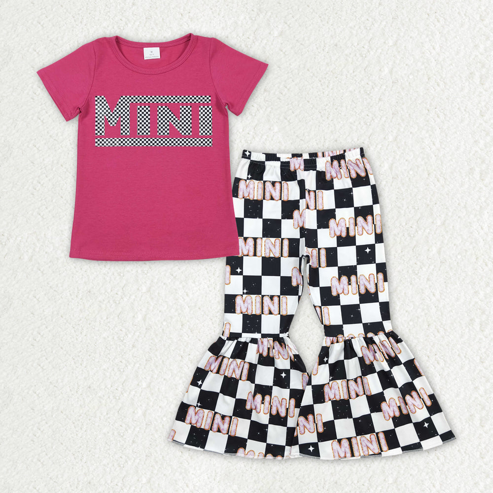 RTS NO MOQ ETA 5/7days Arrived GT0573+P0345 Offset mini rose red short-sleeved top letter black and white plaid trousers sets