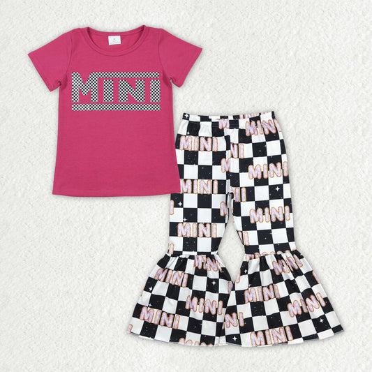 RTS NO MOQ ETA 5/7days Arrived GT0573+P0345 Offset mini rose red short-sleeved top letter black and white plaid trousers sets