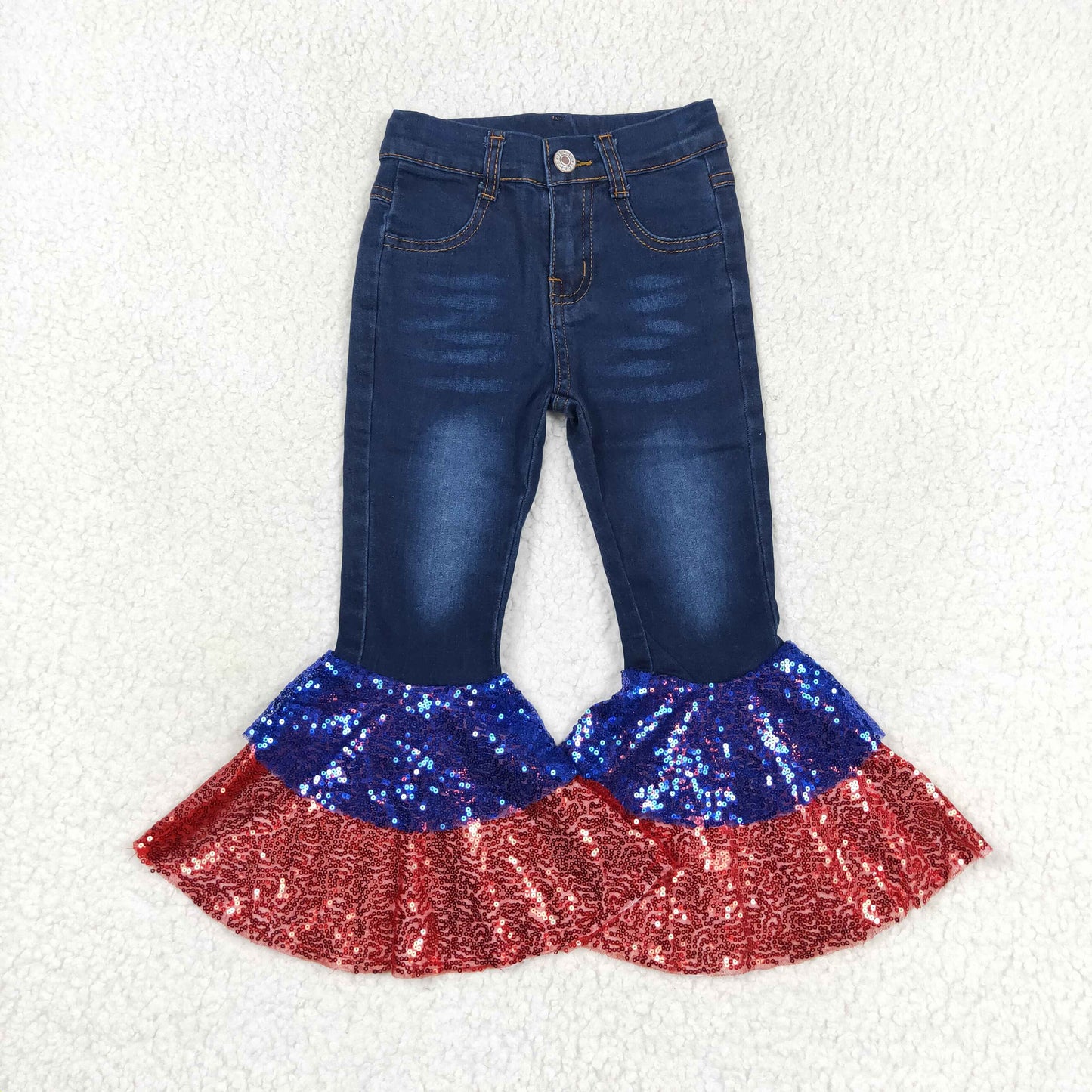 P0430 Red and blue sequined dark blue denim trousers