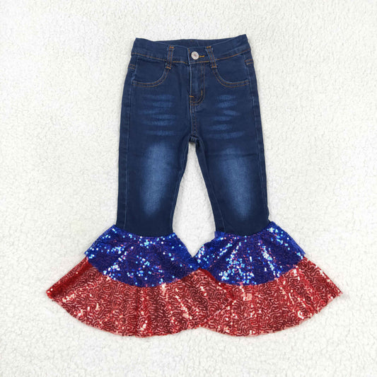 P0430 Red and blue sequined dark blue denim trousers