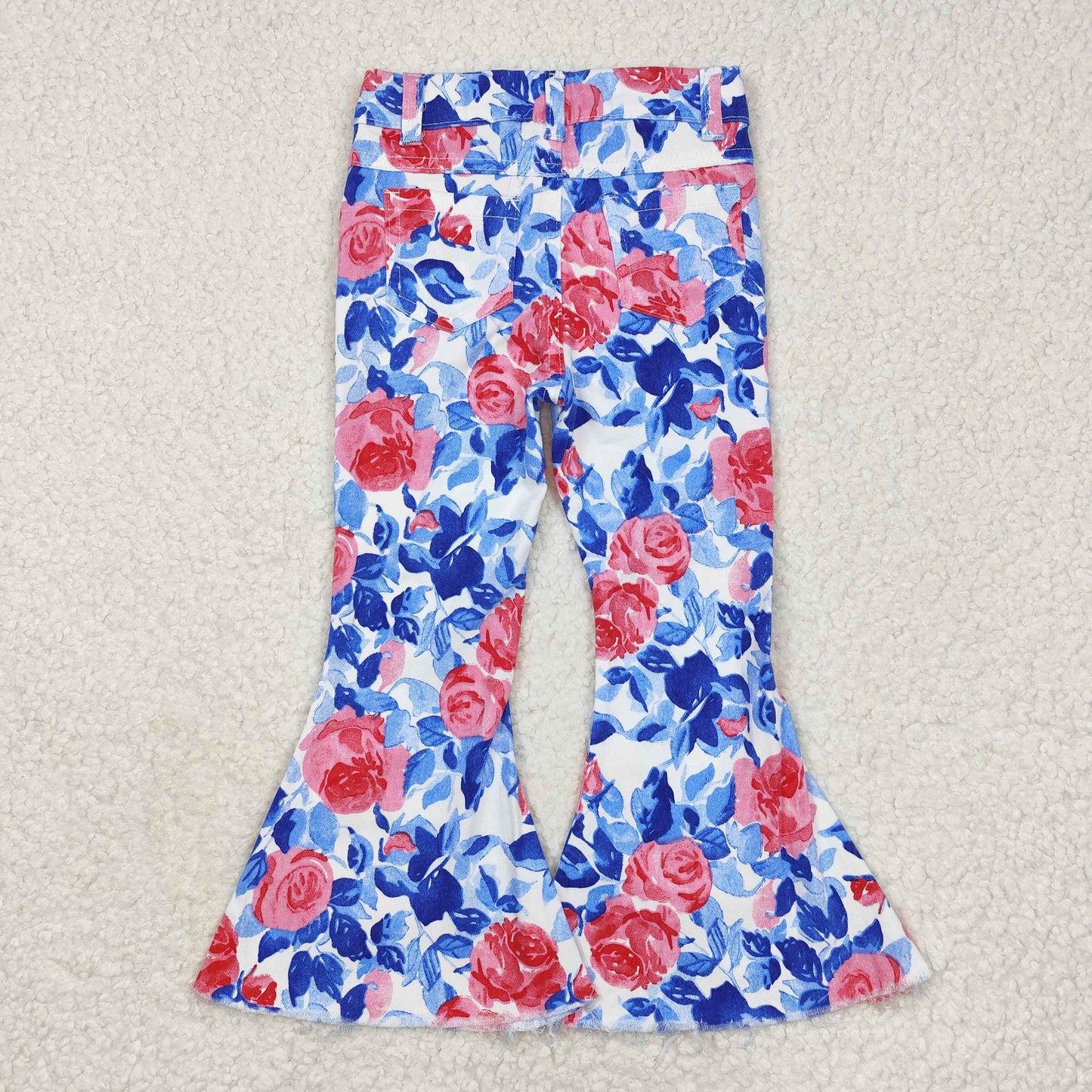 rts no moq P0466 Pink Flowers Blue Leaves White Denim Pants