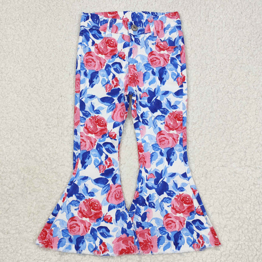 rts no moq P0466 Pink Flowers Blue Leaves White Denim Pants