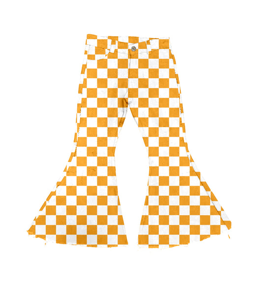 P0468 pre-order baby girl clothes yellow gingham girl bell bottom pant jeans pant-2024.5.14
