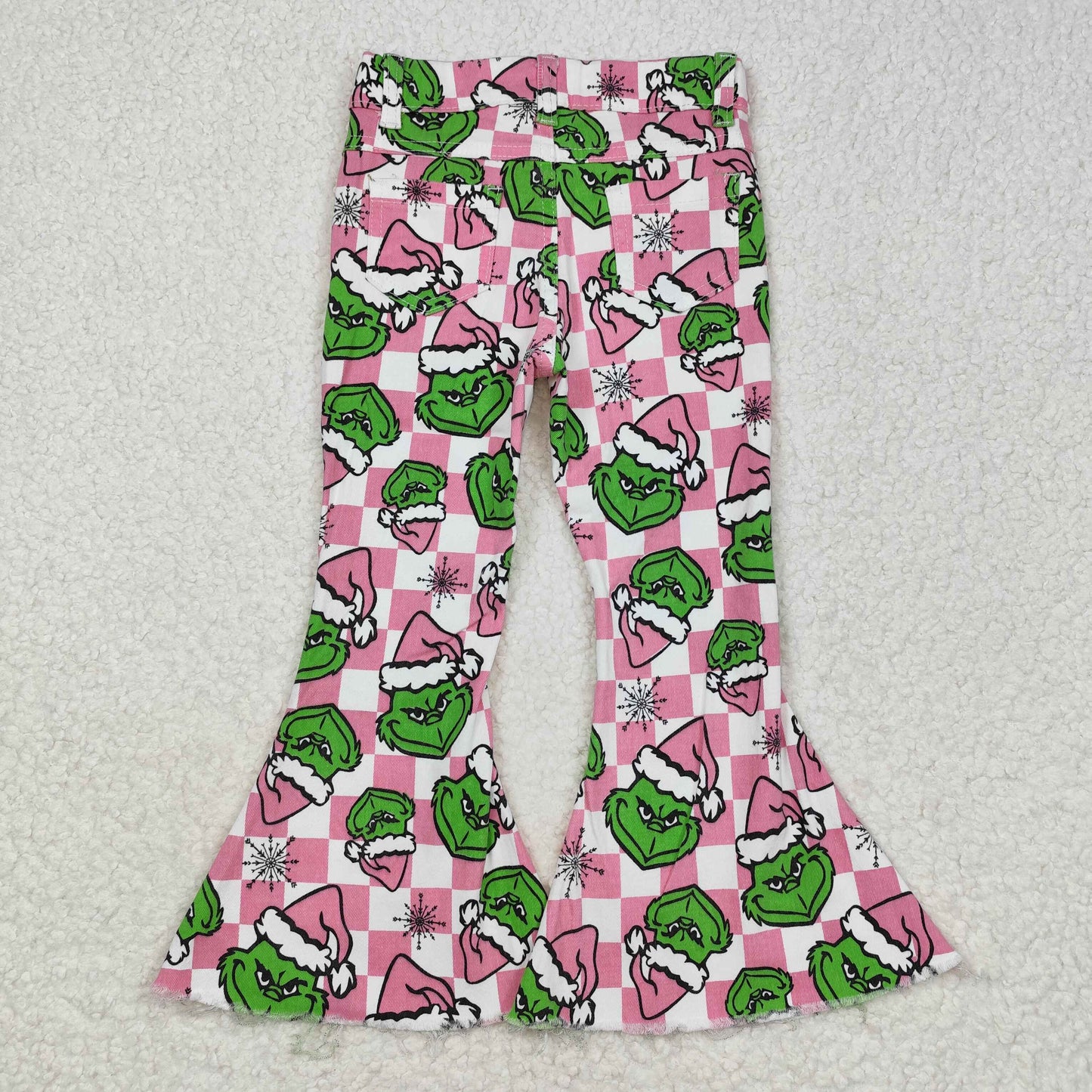 rts no moq P0483 Grinch Snowflake Pink Plaid Denim Pants