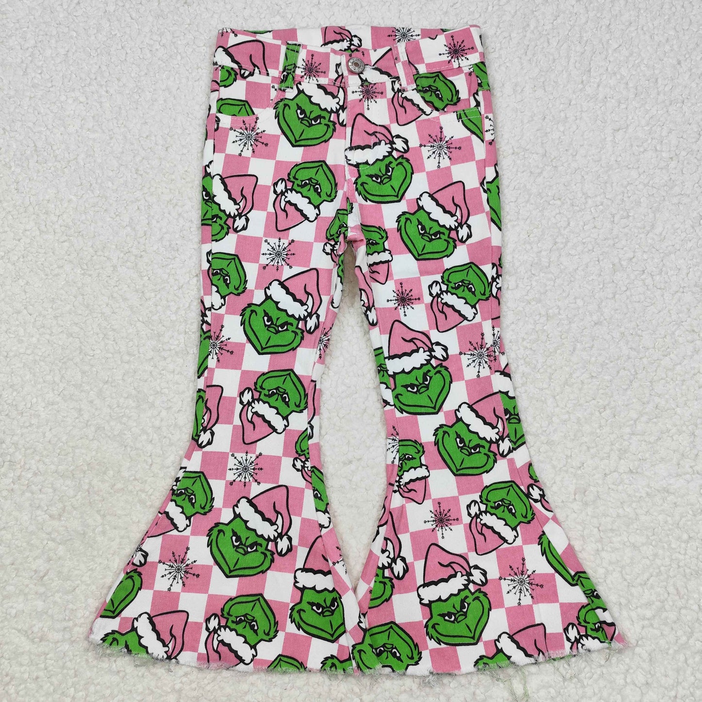 rts no moq P0483 Grinch Snowflake Pink Plaid Denim Pants