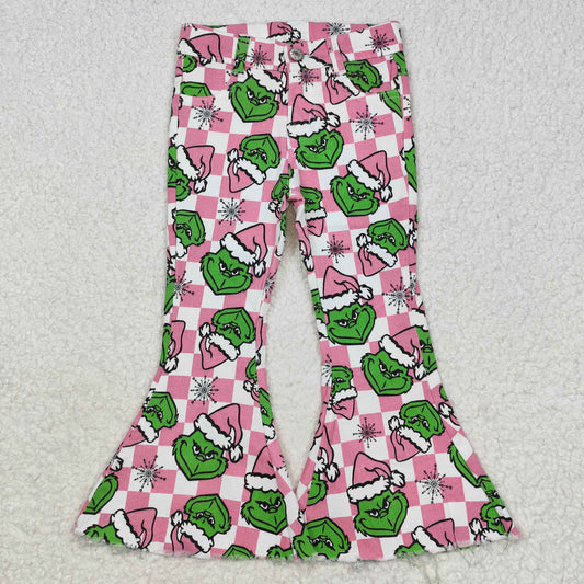 rts no moq P0483 Grinch Snowflake Pink Plaid Denim Pants