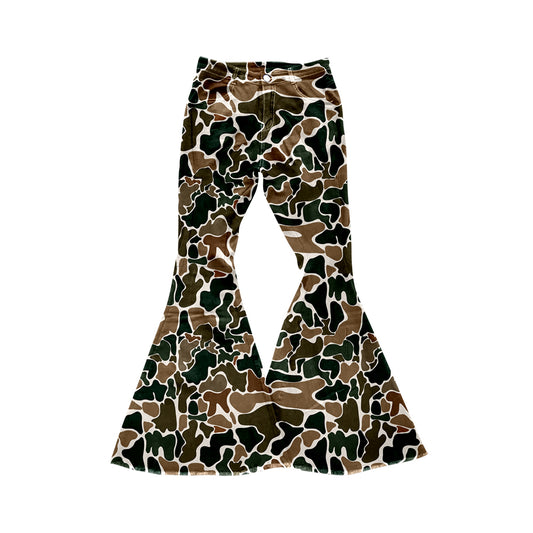 rts no moq P0583 pre-order adult womens camouflage green bell bottoms pant jeans pant-2024.8.3