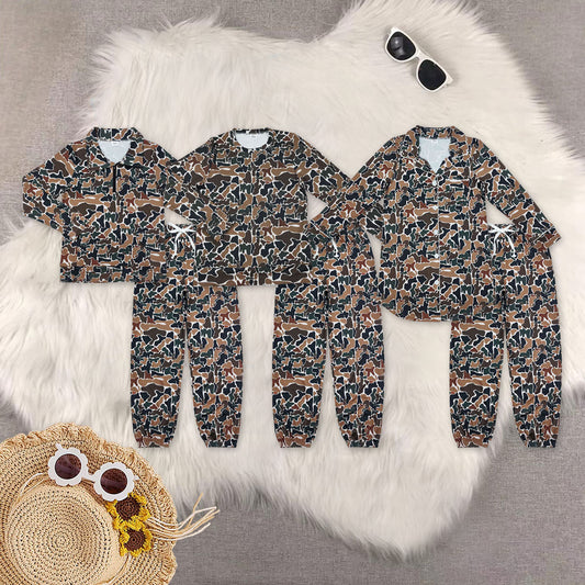 RTS NO MOQ Sibling adult Women's brown, green, and beige camouflage long-sleeved top pants sets