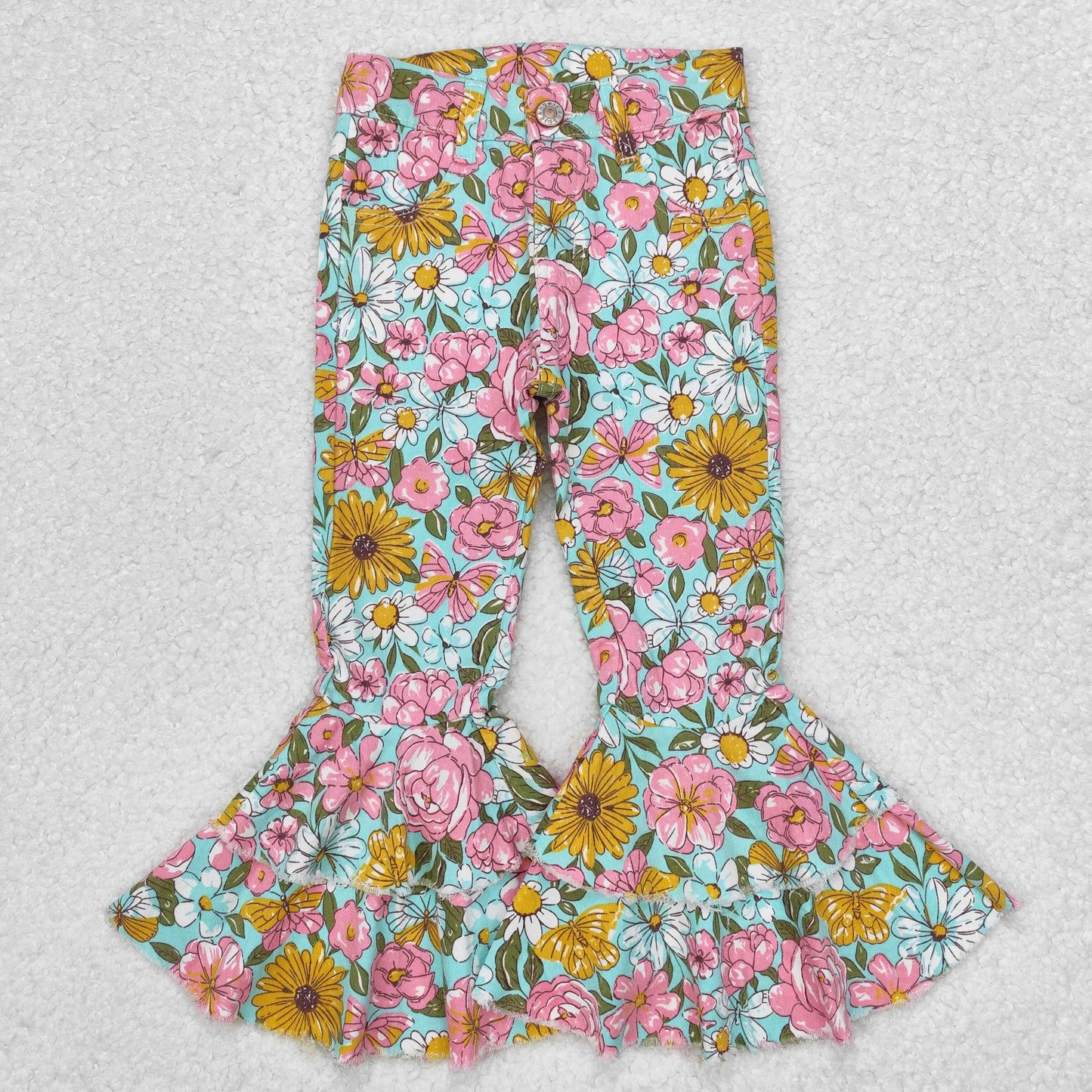 RTS NO MOQ ETA 5/7days Arrived P0633 Pink and yellow floral green denim trousers