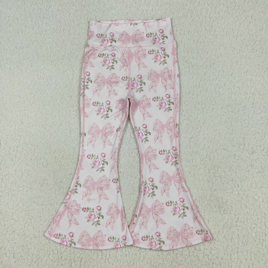 RTS NO MOQ（In Stock) P0768 Pink yoga pants with floral pattern of flowers, leaves and bows