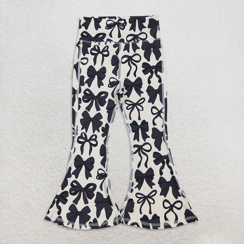 RTS NO MOQ Sibling baby girl clothnes Beige yoga long sleeve pants with black bow pattern set and top and pants