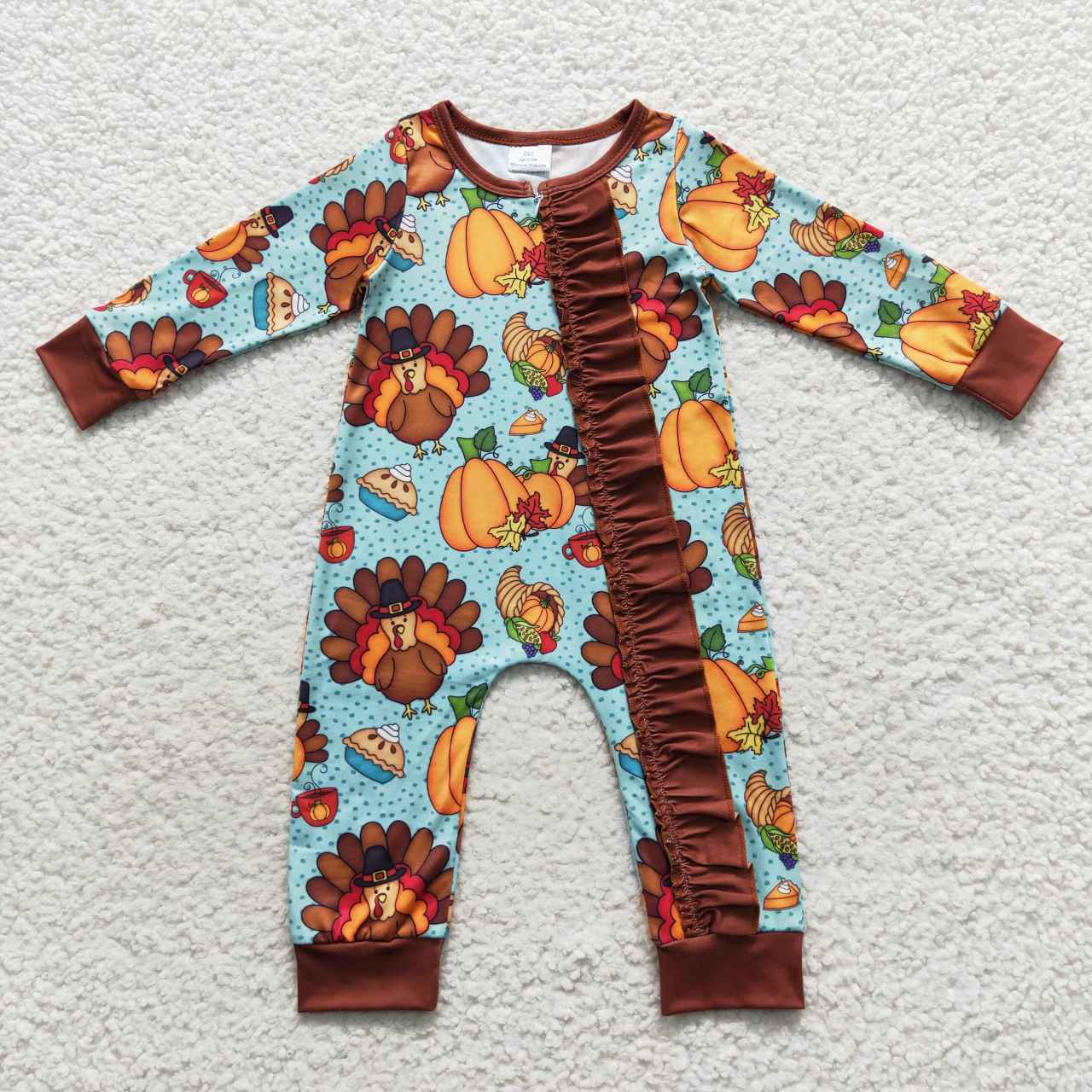 LR0580 Pumpkin Turkey Blue Brown Lace Zip Long Sleeve Bodysuit