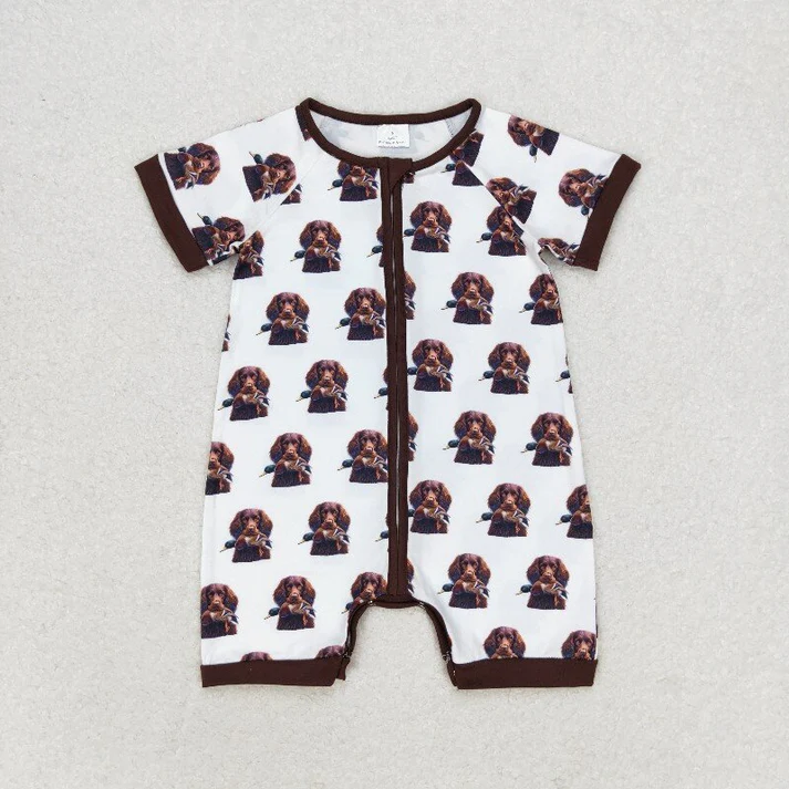 RTS NO MOQ Baby Boys Brown Pocket Dogs Sibling Rompers Clothes Sets