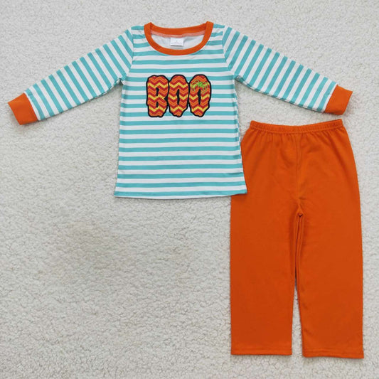 BLP0307 Embroidered boo lettering blue and white striped long-sleeved orange trousers suit