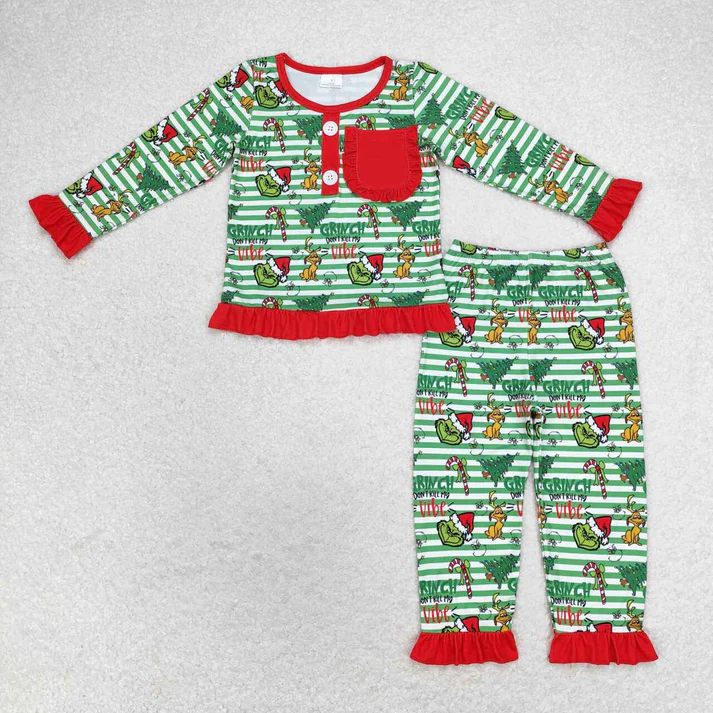RTS NO MOQ  Baby Girls Baby Girls Christmas Green Face Sibling Pajamas Tops Clothes Sets