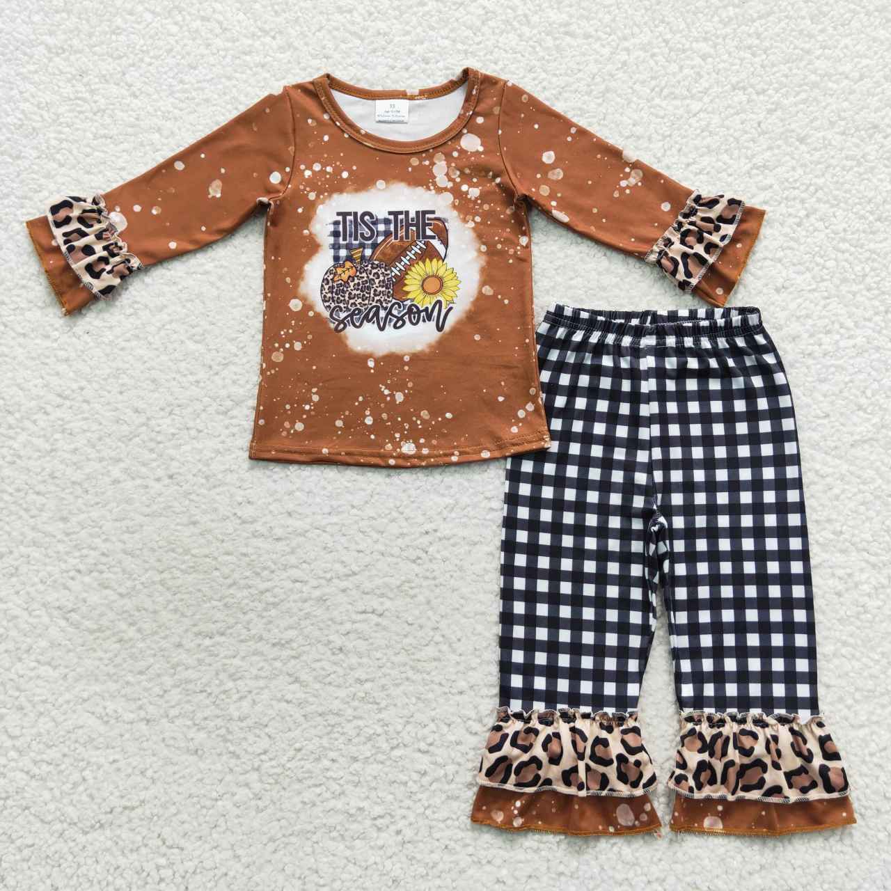 RTS NO MOQ（In Stock) tis the season leopard pumpkin football brown long-sleeved plaid trouser suit