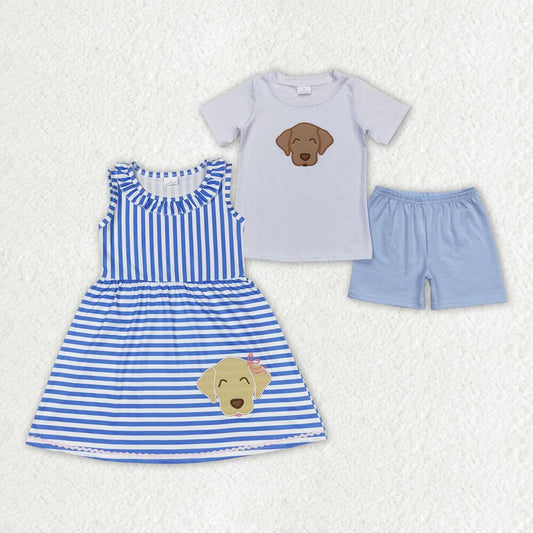 BSSO0746 GSD0934 RTS  Embroidered Puppy Blue Striped Short Sleeve Shorts Set