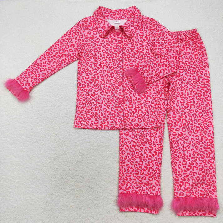 RTS NO MOQ  Mommy and Me Dark Pink Leopard Buttons Fur Pajamas Clothes Sets