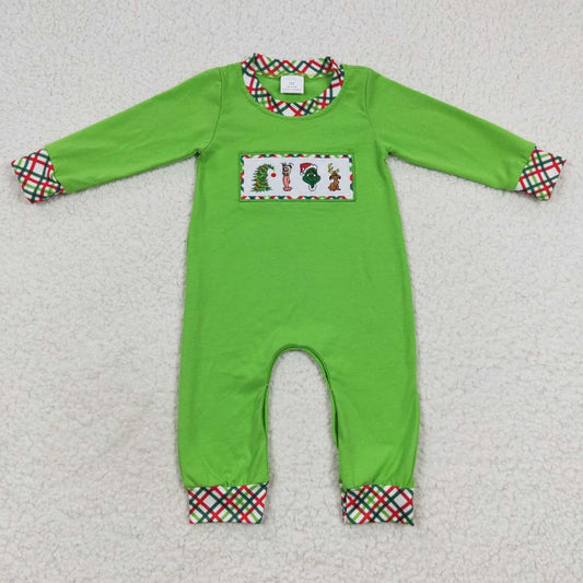 LR0325 Boys Christmas Embroidery Cartoon Grinch Dog Plaid Green Long Sleeve Onesie