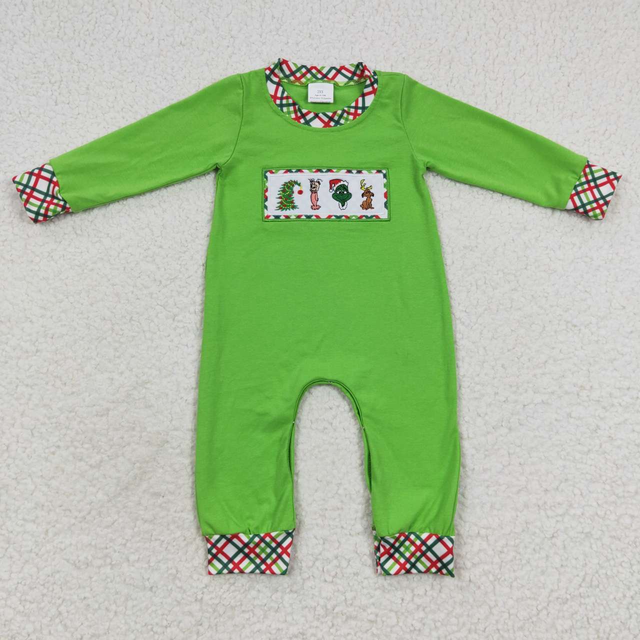 LR0325 Boys Christmas Embroidery Cartoon Grinch Dog Plaid Green Long Sleeve Onesie